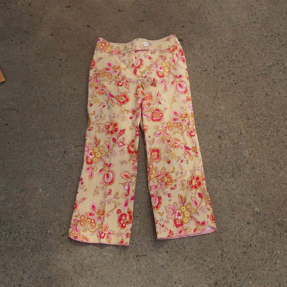 Vintage Harold Floral Pants Size 0 Yellow Pink Y2K Cotton Stretch Trousers